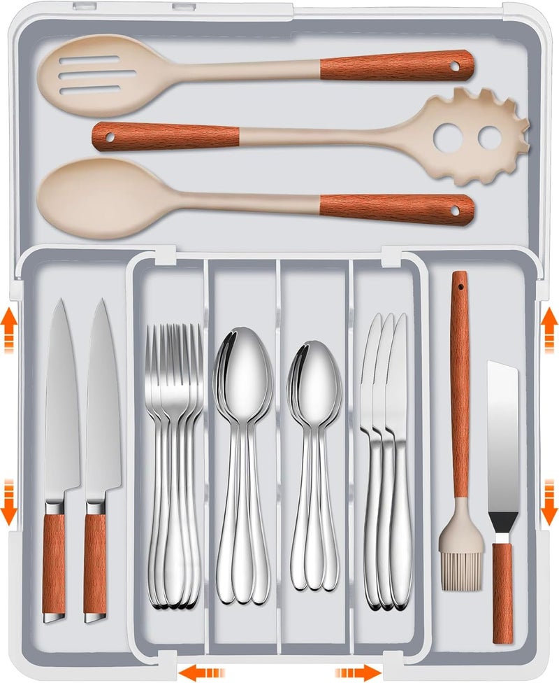 Spaclear Expandable Silverware Drawer Organizer BPA Free Cutlery Organizer Small Utensil Organizer for Kitchen Drawers Adjustable Spoons Forks Knives Storage Drawer Divider, Gray - Image 1